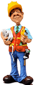 caricature model of a basement contractor holding tools