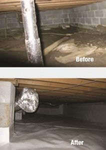 photo of a before crawlspace area without a crawlspace liner and after photo of a crawlspace with a crawlspace liner. Creates a cleaner floor of a crawlspace and blocks air flow.