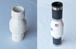 image of a sump pump silent check valve from Resch Enterprises - two straight top and bottom pipe with a bulge (valve) in the middle